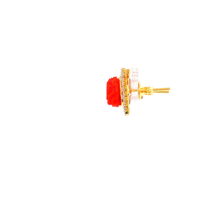 14K YG Cluster Diamond, Coral Earring-1pair