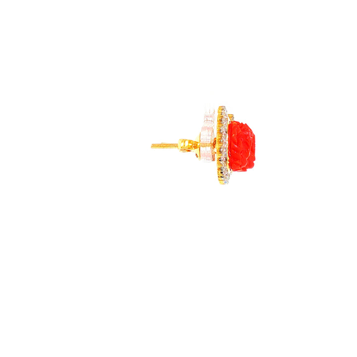 14K YG Cluster Diamond, Coral Earring-1pair