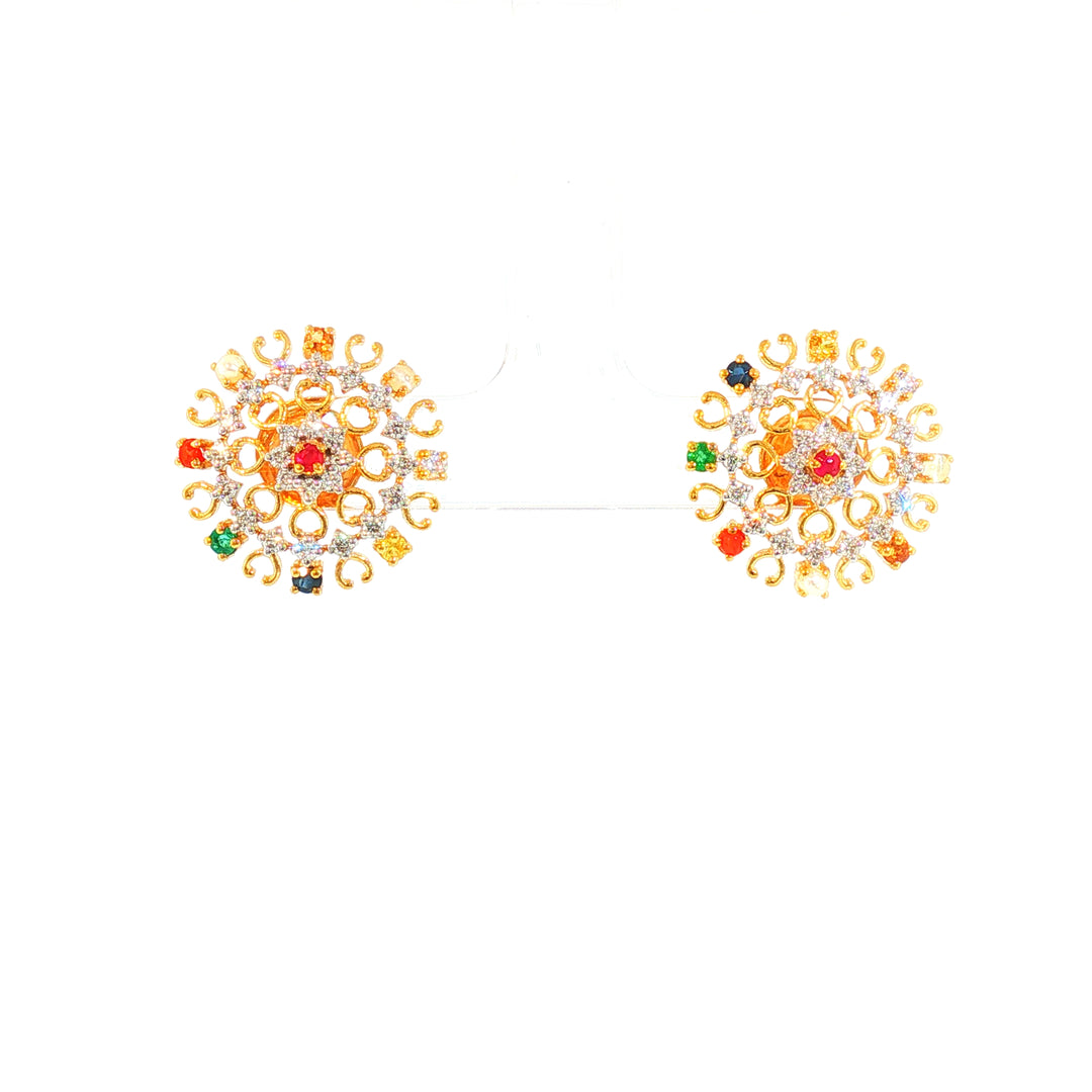 14K YG Cluster Diamond, Navaratna Earring-1pair