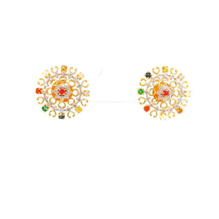 14K YG Cluster Diamond, Navaratna Earring-1pair