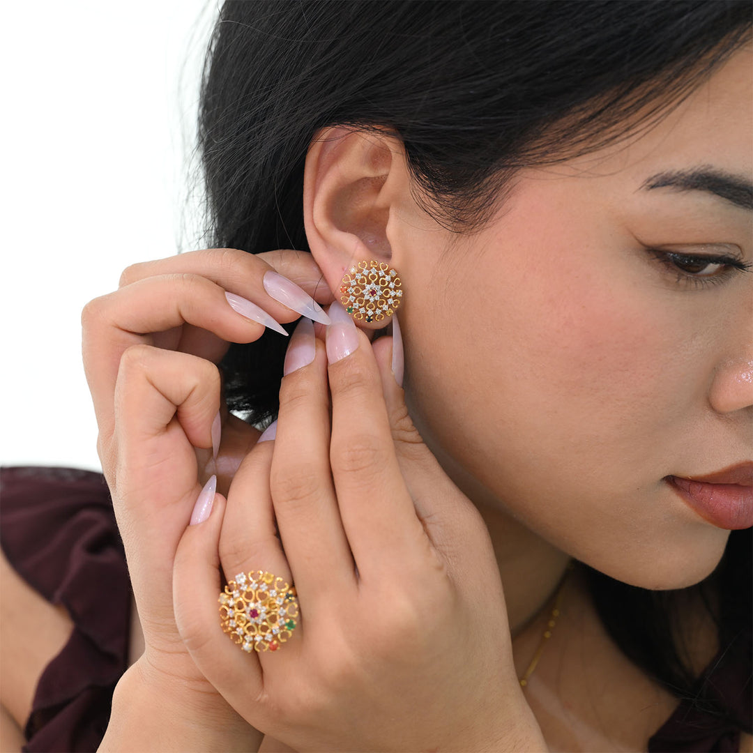 14K YG Cluster Diamond, Navaratna Earring-1pair
