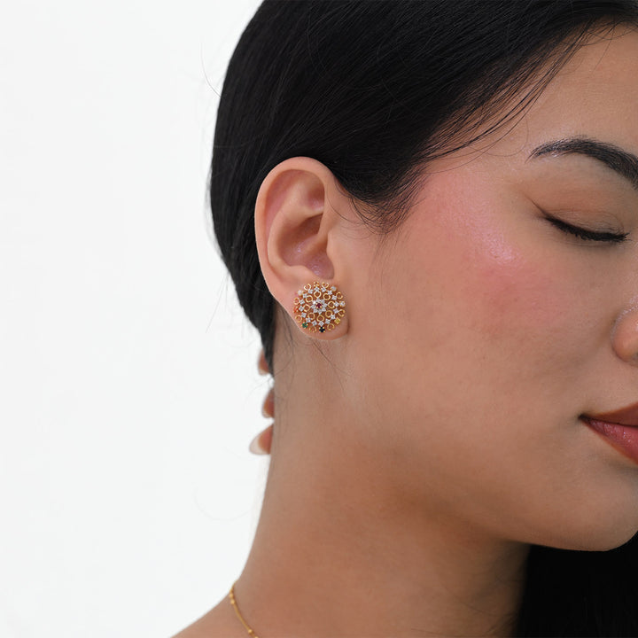 14K YG Cluster Diamond, Navaratna Earring-1pair