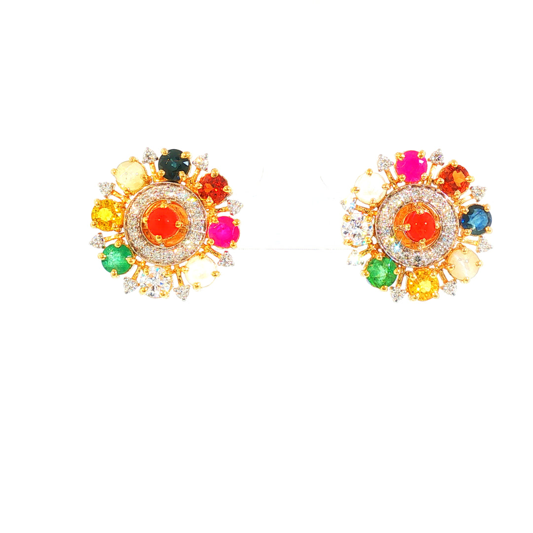 14K YG Cluster Diamond, Navaratna Earring-1pair