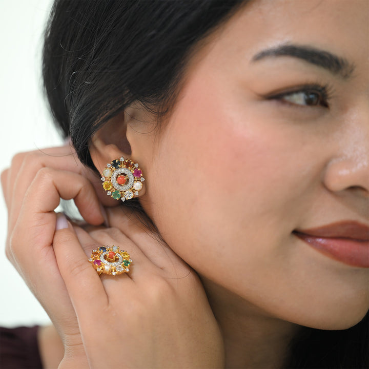 14K YG Cluster Diamond, Navaratna Earring-1pair