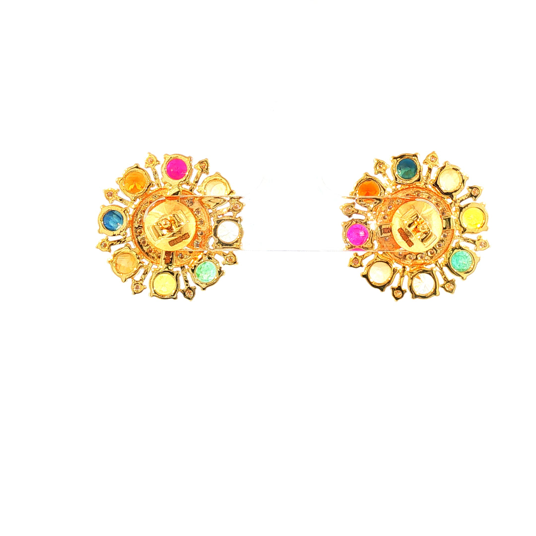 14K YG Cluster Diamond, Navaratna Earring-1pair