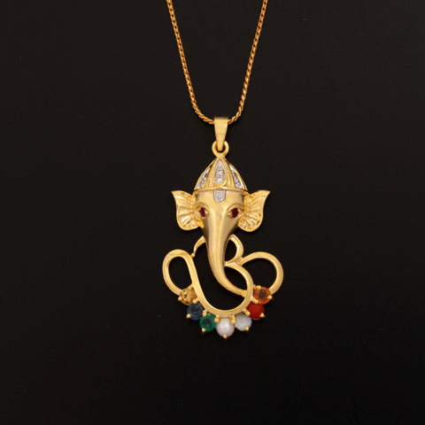 9K YG Unisex OM Ganesh Diamond with Navaratna Pendant-1pc