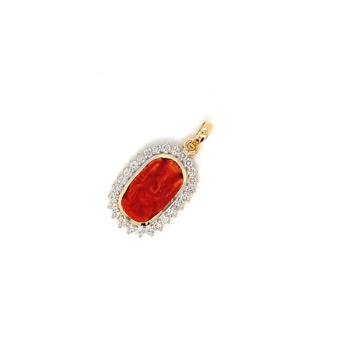 14K YG Cluster Diamond with Coral Pendant-1pc