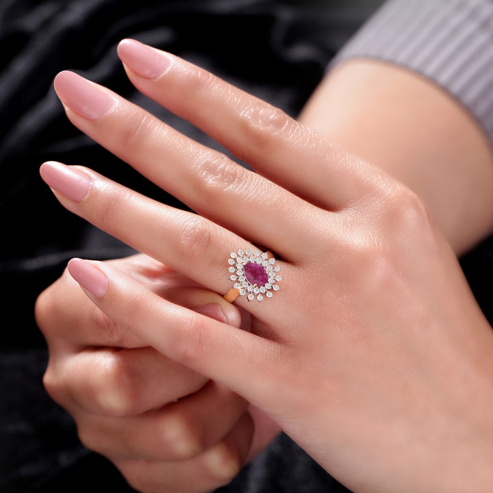 14K YG Cluster Diamond, Ruby Ring-1pc