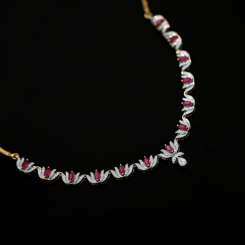 9K YG Princess Diamond with Created Ruby Necklace-1pc