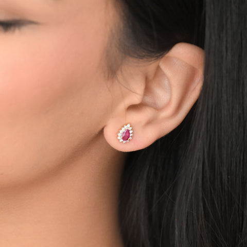 14K YG Cluster Diamond, Ruby Earring-1pair