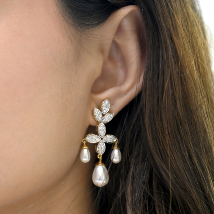 14K Cluster Diamond & Pearl Earrings