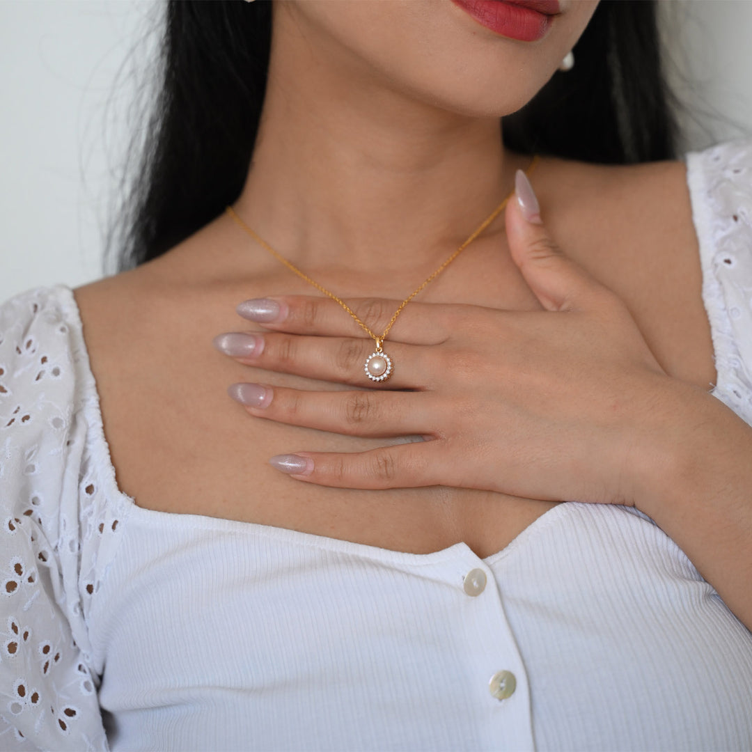 14K YG Cluster Diamond, Pearl Pendant- 1pc