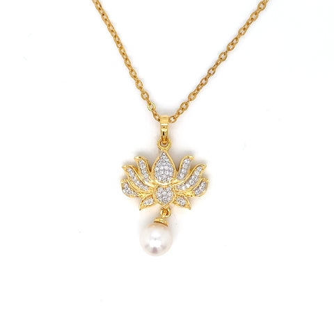 14K YG Lotus Diamond, Pearl Pendant-1pc