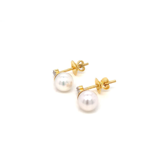 14K YG Cluster Diamond, Simulant Pearl Earring-1pair