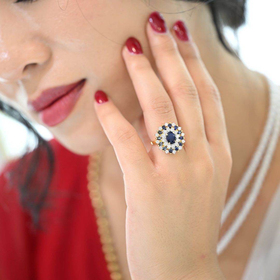 14K YG Cluster Diamond with Sapphire Ring- 1pc