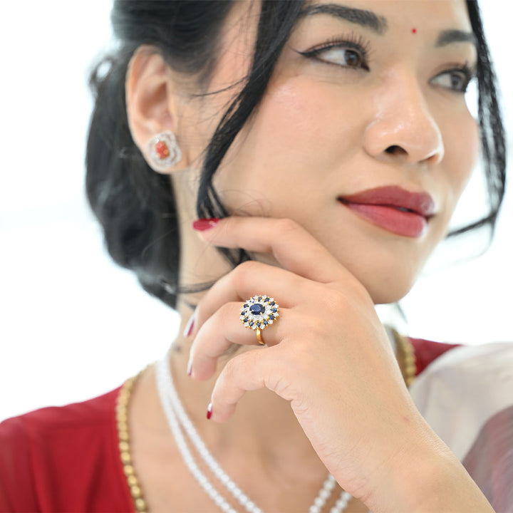 14K YG Cluster Diamond with Sapphire Ring- 1pc