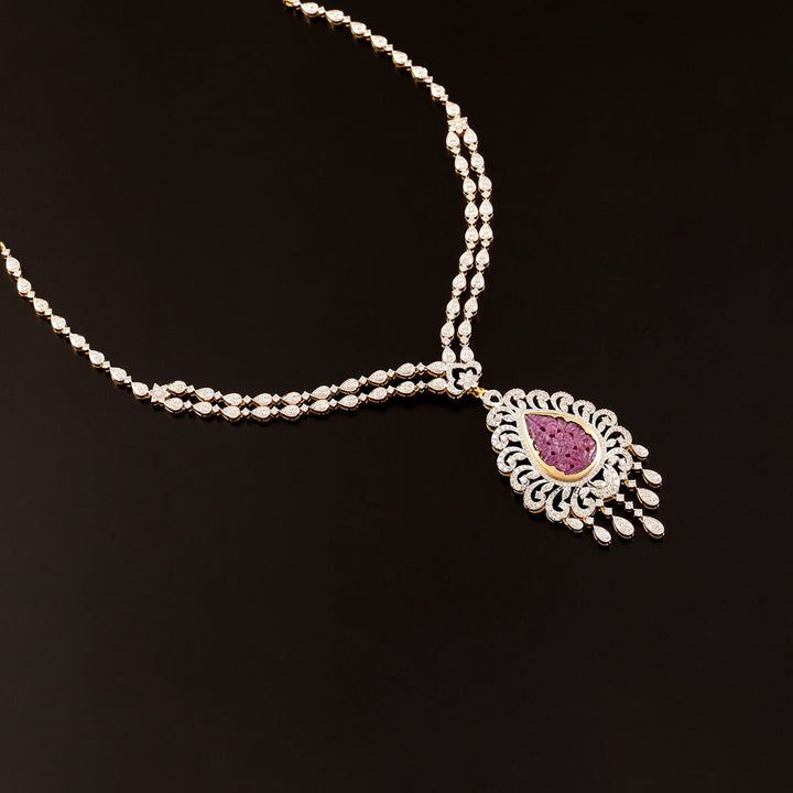 9K YG Princess Diamond, Ruby Necklace with 18K Chain-1pc