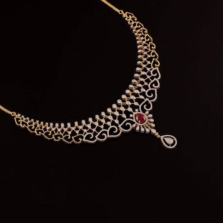 9K YG Princess Diamond, Ruby Necklace with 18K Chain-1pc