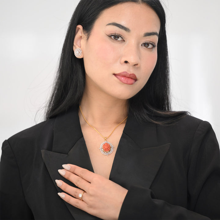 14K YG Cluster Diamond with Coral Pendant-1pc