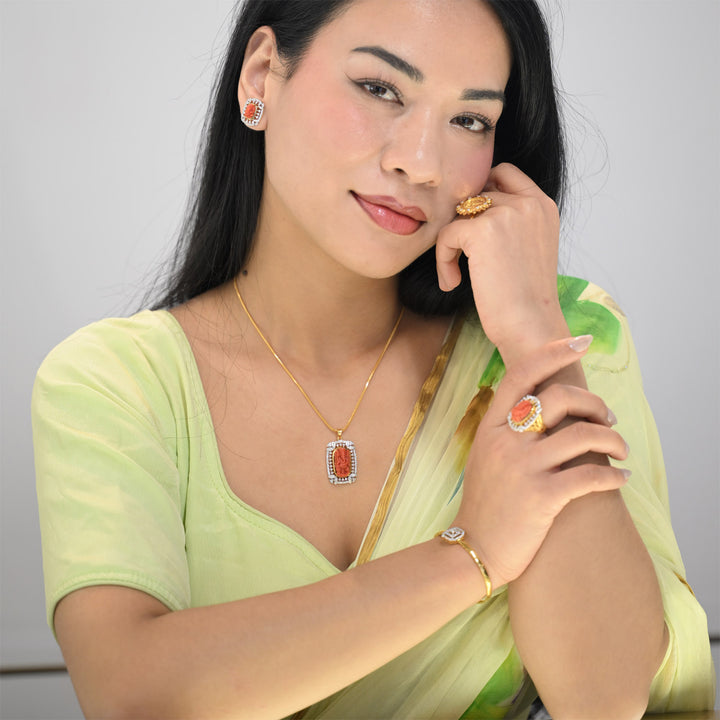 14K YG Cluster Diamond with Coral Pendant-1pc