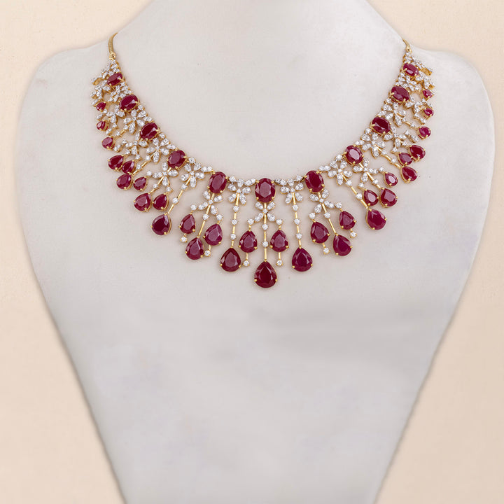 9K YG Princess Diamond, Ruby Necklace with 18K Chain-1pc
