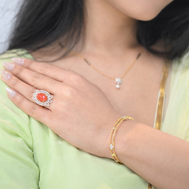 14K YG Cluster Diamond with Coral Ring- 1pc