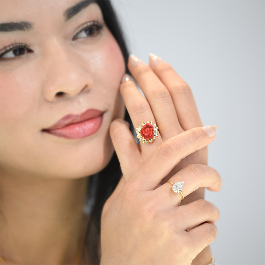14K YG Cluster Diamond with Coral RING- 1pc
