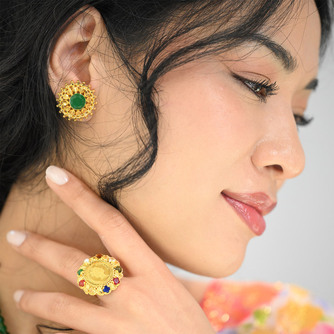 24K YG Navaratna Coin Ring-1pc