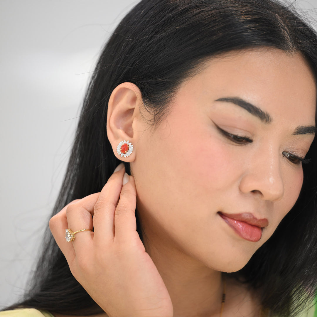 14K YG Cluster Diamond with Coral Earring- 1pair