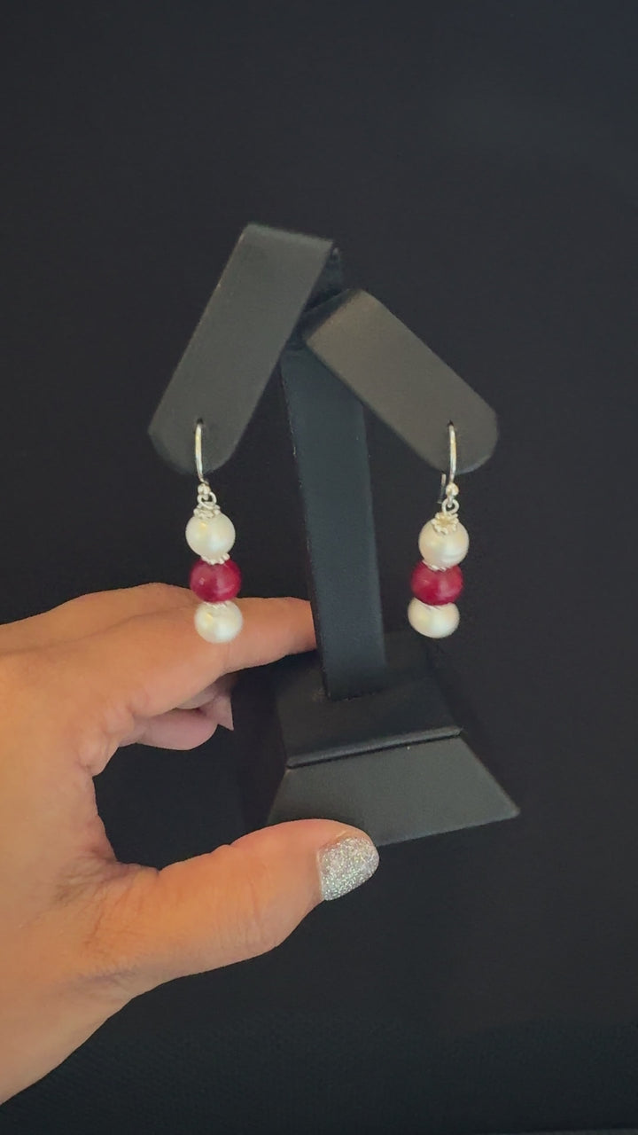 Sterling Silver Pearl Coral Hook Dangler Earring-1pair