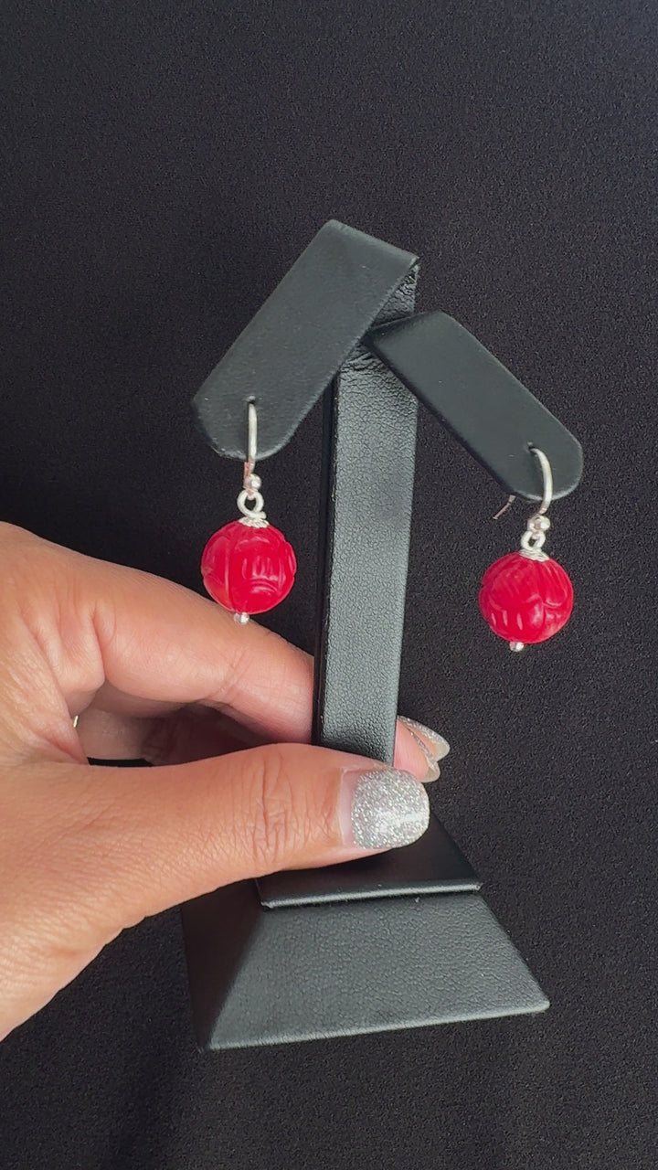 12mm Carved Coral Sterling Silver Hook Dangler Earring-1pair