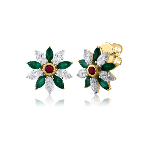 18K YG Emerald, Ruby Flower Diamond Earring-1pair